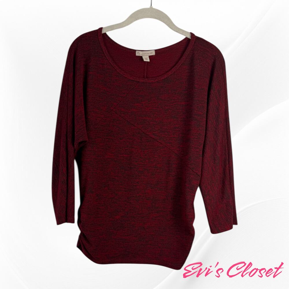 CB Established 1962 Women's Top Red Petite M Side Rushed 3/4 Sleeve Made In USA